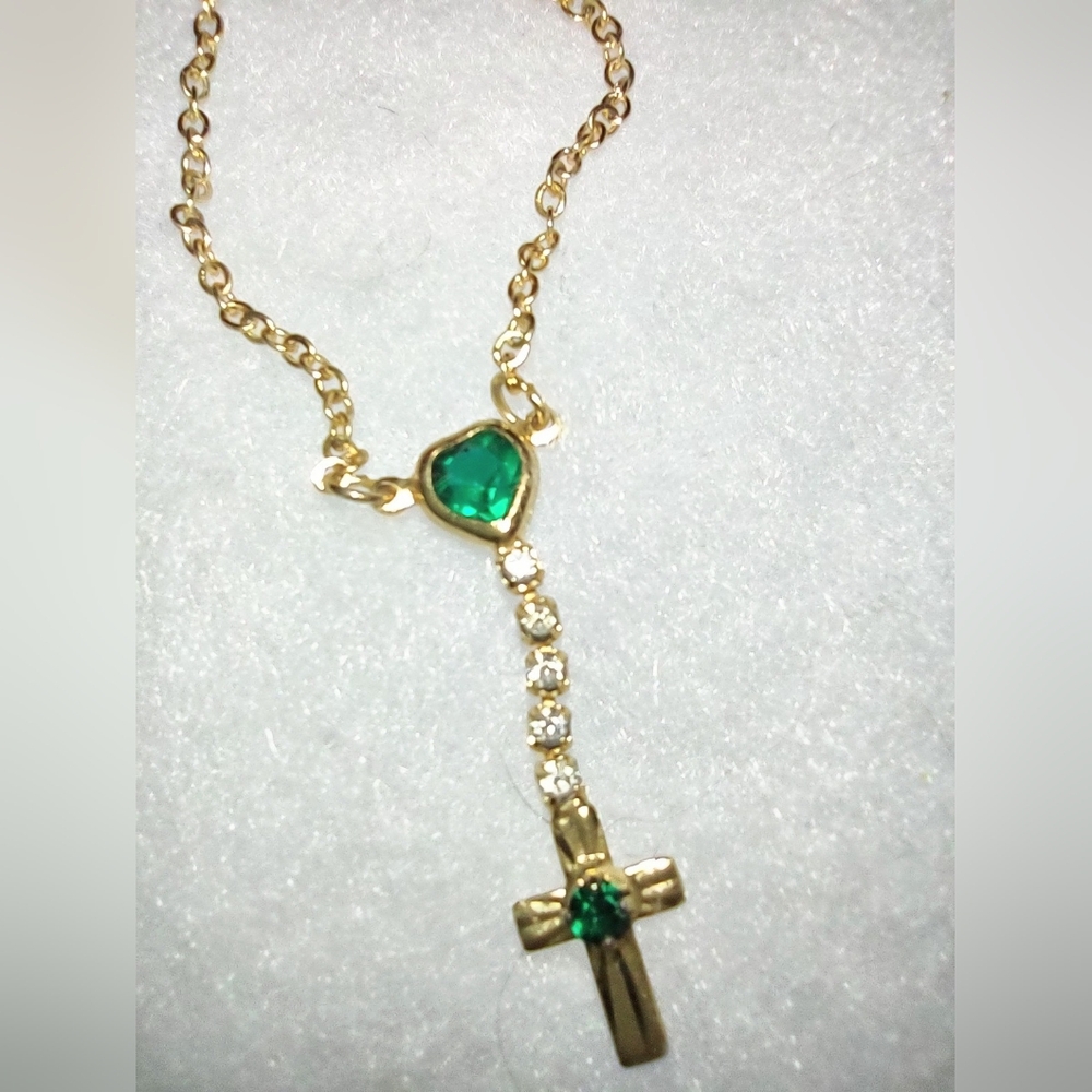 Emerald Green Heart + Connected Dangling Gold Cross Necklace - Picture 8 of 15